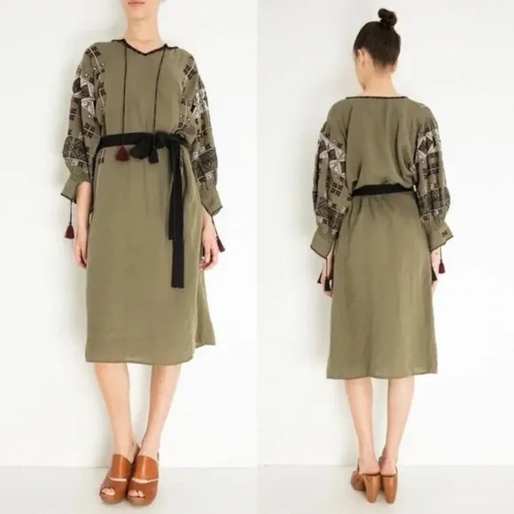NWT Nili Lotan Valencia Embroidered Linen Army Green Dress XS - Picture 1 of 15